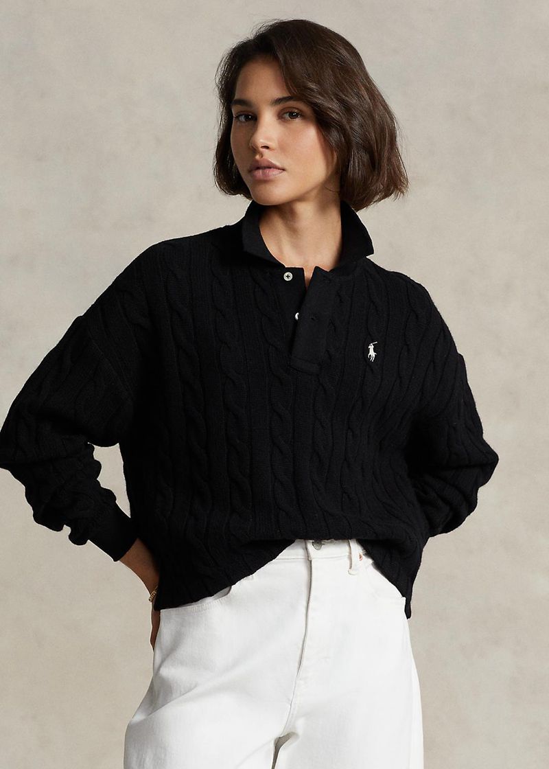 ポロ ラルフ ローレン ポロシャツ レディース 黒 Cropped Cable ウール-カシミヤ LGMNT7609